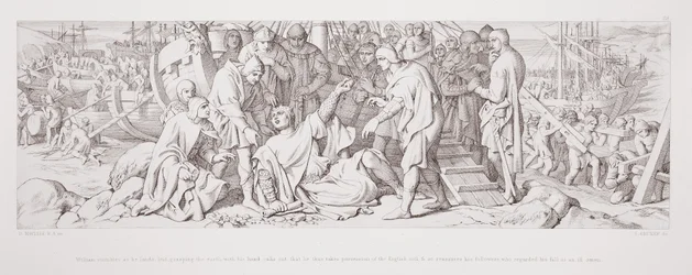 William stolpert bei der Landung, aber ergreift die Erde mit seiner Hand und ruft aus, dass er den englischen Boden in Besitz nimmt, und beruhigt so seine Anhänger, die seinen Sturz als schlechtes Omen betrachteten